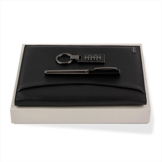 Das Schreibset Cerruti 1881 Irving Black erhalten Sie als Set mit Tintenroller, Schreibmappe und Schlüsselring.