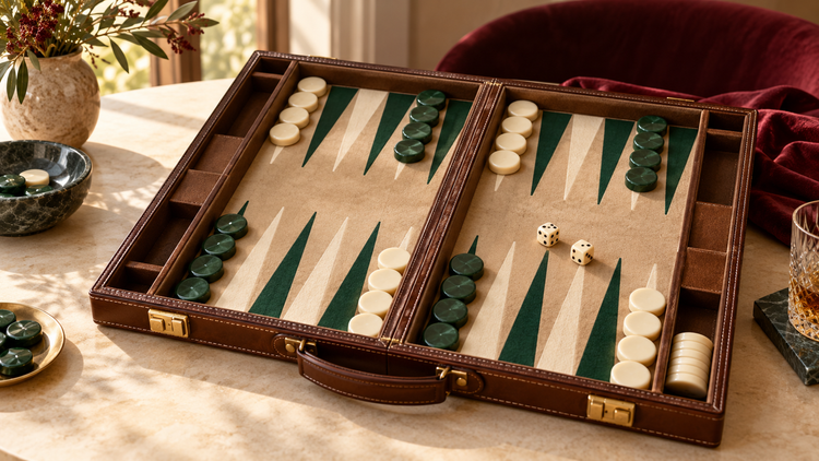 Offenes Backgammonspiel mit Spielsteinen und Würfeln