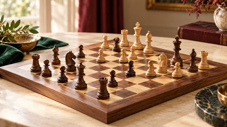 Holzschachbrett mit klassischen Schachfiguren