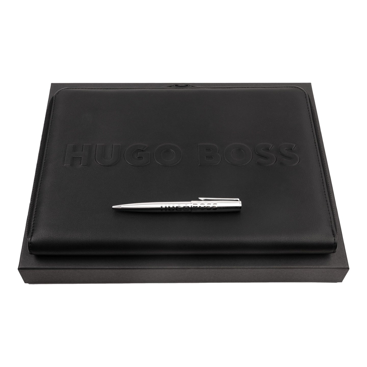 Hugo Boss Schreibset LABEL Chrome | Kugelschreiber und A4 Schreibmappe