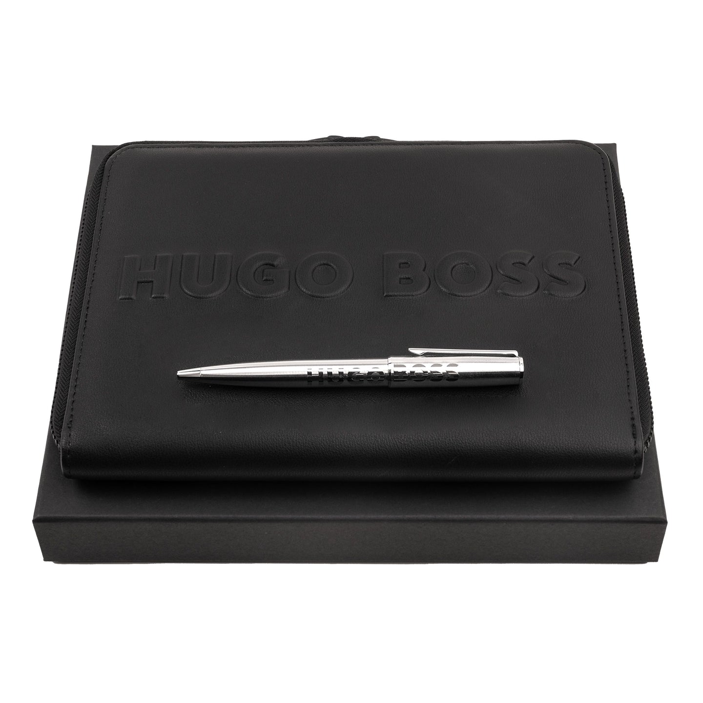 Hugo Boss Schreibset LABEL Chrome | Kugelschreiber und A5 Schreibmappe