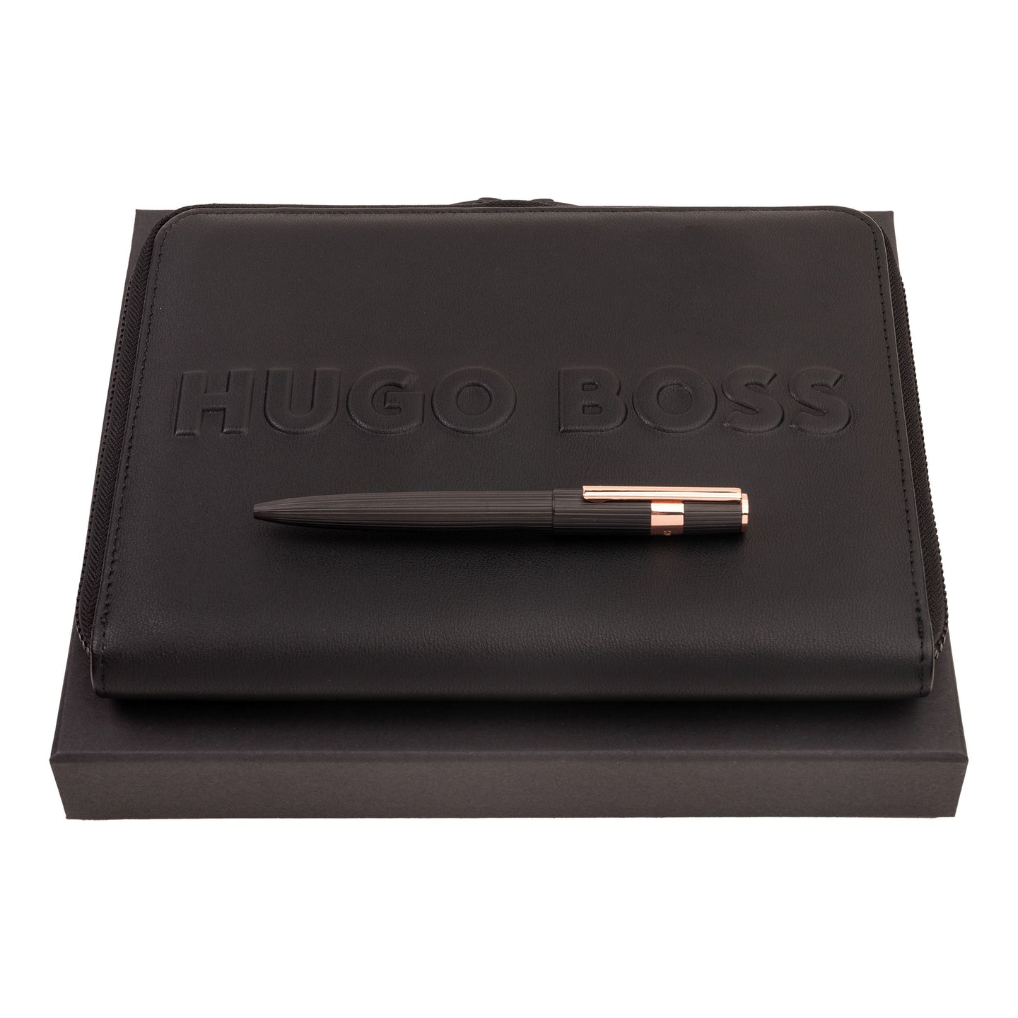 Hugo Boss Schreibset GEAR PINSTRIPE Black / Rosegold | Kugelschreiber und A5 Schreibmappe