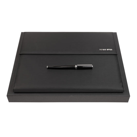 Hugo Boss Schreibset GEAR PINSTRIPE Black / Chrome | Kugelschreiber und A5 Schreibmappe